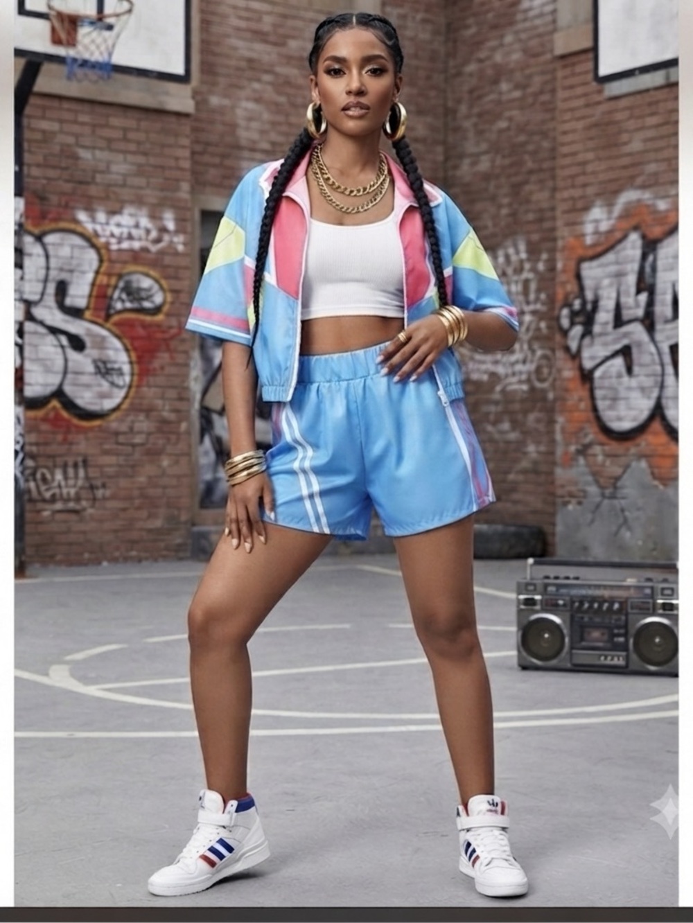 90s Retro Colorblock Short Sleeve Track Jacket & Shorts Set